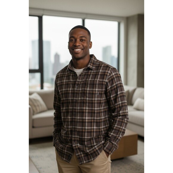 Columbia Shirt Mens Large Brown Plaid Flannel Button Front 100% Cotton - Picture 1 of 6